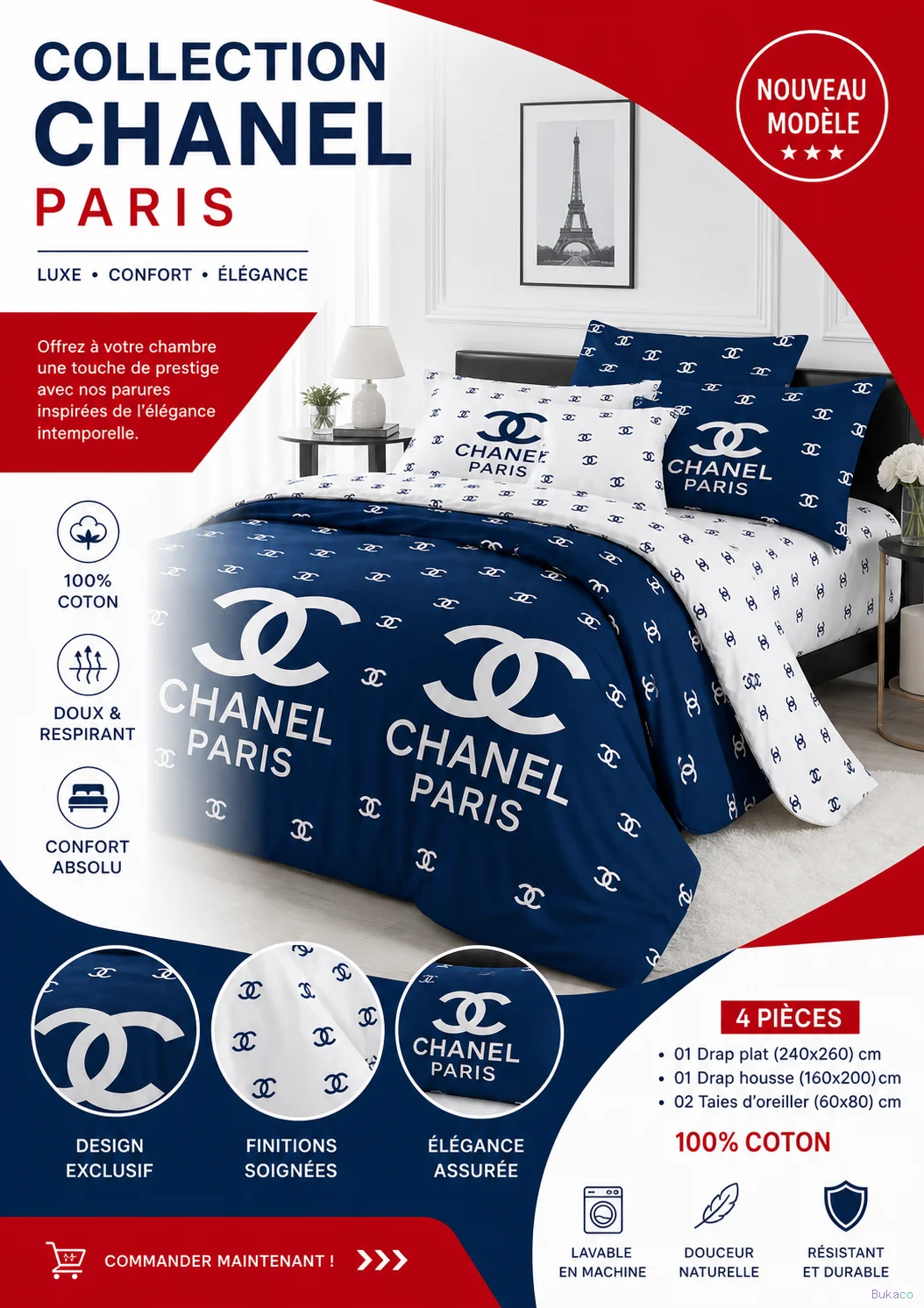 drap 3 places de lit 4 pièces en coton – Design luxe moderne (Rouge, Bleu & Blanc)
