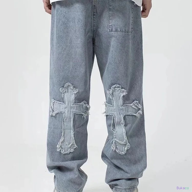 Jean Boyfriend Hip Hop Brodé, Ample et Large, en Denim, pour Homme, Style Streetwear