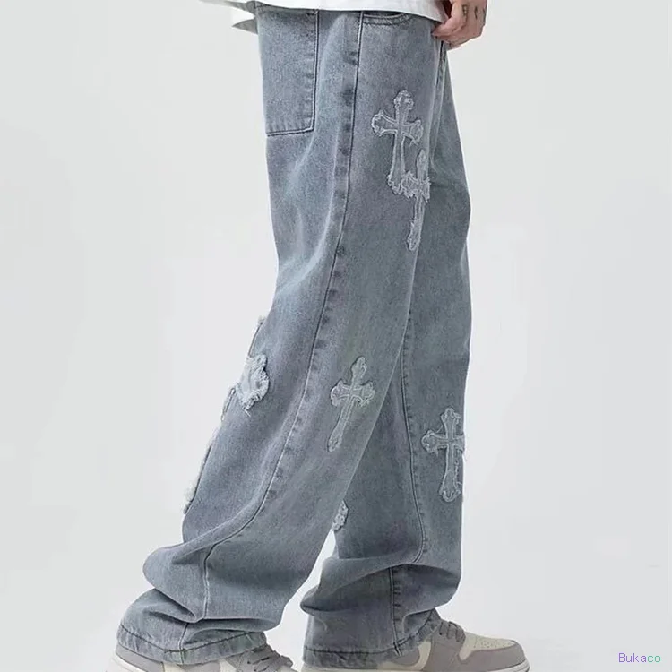 Jean Boyfriend Hip Hop Brodé, Ample et Large, en Denim, pour Homme, Style Streetwear - 3