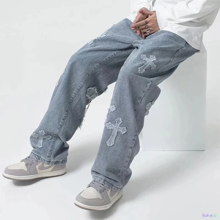 Jean Boyfriend Hip Hop Brodé, Ample et Large, en Denim, pour Homme, Style Streetwear - 5