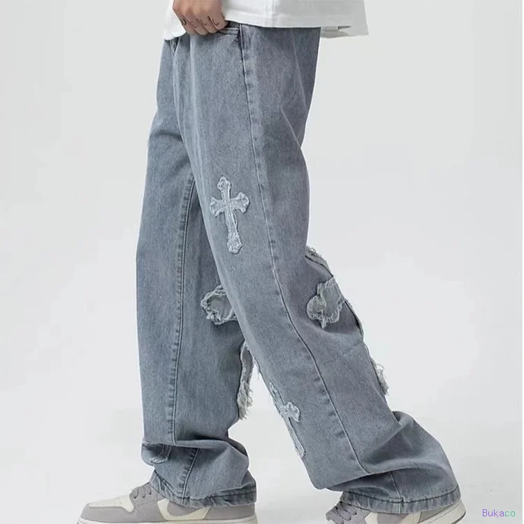 Jean Boyfriend Hip Hop Brodé, Ample et Large, en Denim, pour Homme, Style Streetwear - 6