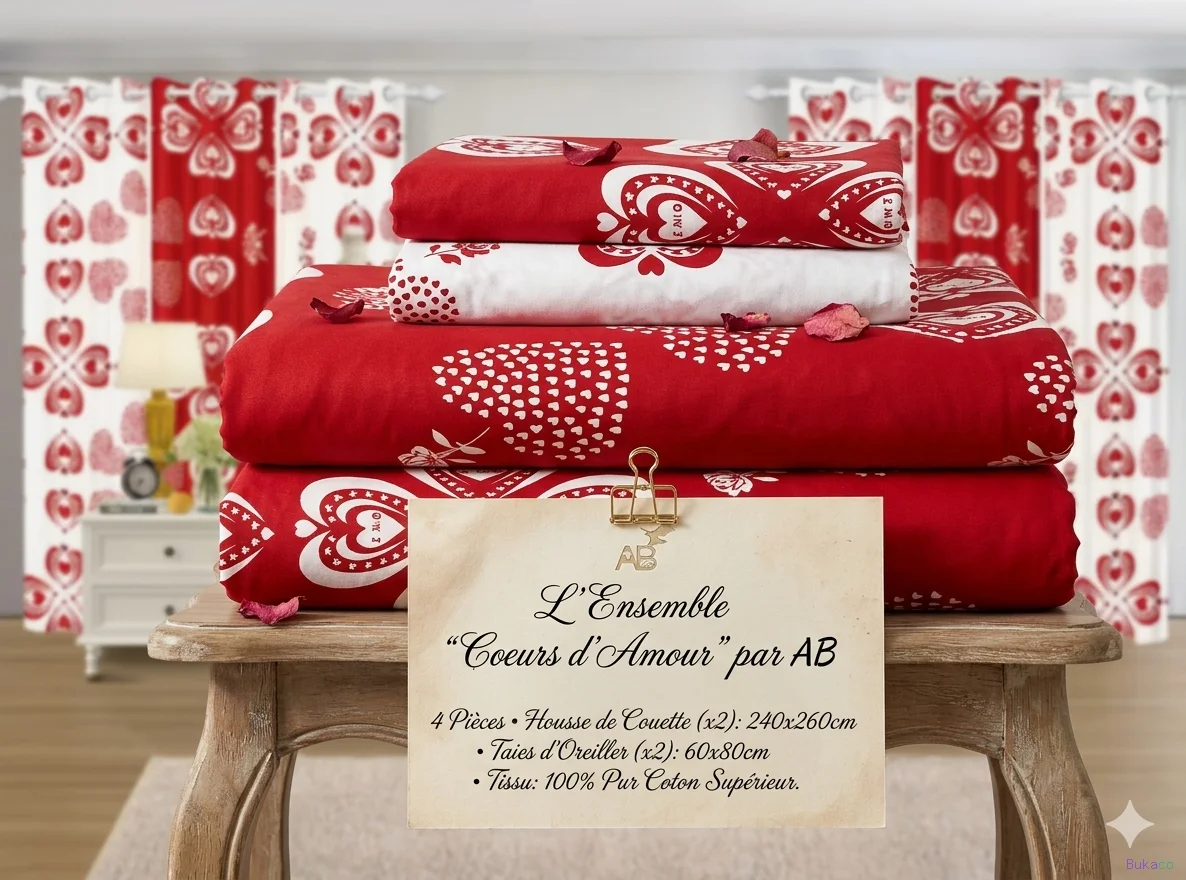 2 draps 2tés-ensemble-de-lit-4-pices-curs-damour-100-coton-rouge-blanc-clatant