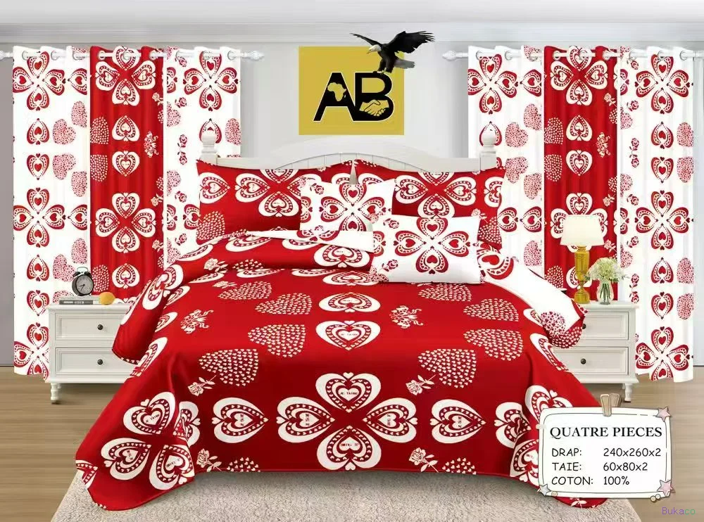 2 draps 2tés-ensemble-de-lit-4-pices-curs-damour-100-coton-rouge-blanc-clatant - 2