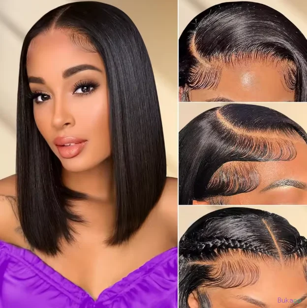 Perruque Bob Courte en Cheveux Humains Brésiliens Bruts, Dentelle HD Frontale, Cheveux Vierges Lisses Grade 15A, Sans Colle, pour Femmes Noires - 3