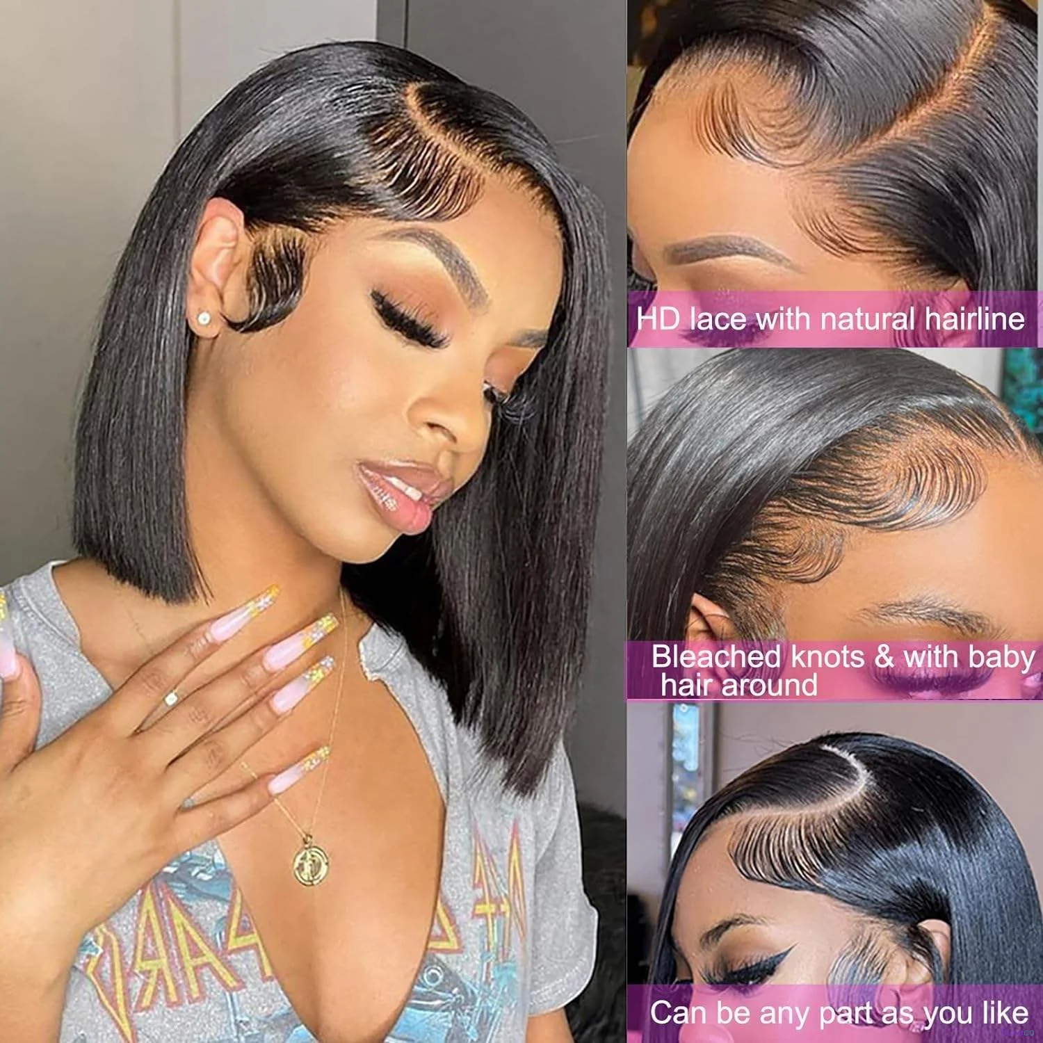 Perruque Bob Courte Sans Colle en Cheveux Humains Naturels Vietnamiens, Grade 12A Super Double Drawn, Fermeture en Dentelle 4x4, Lisse Baguette, Sans Colle - 2